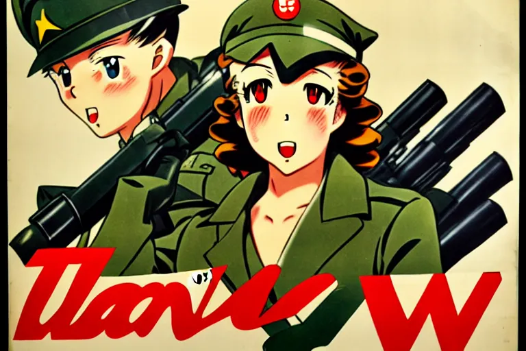 Image similar to uwu, 1940s, war, anime, poster, tanks