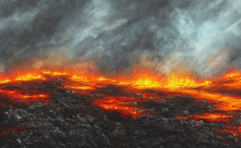 Image similar to post apocalyptic landscape in fire in digital art oil canvas