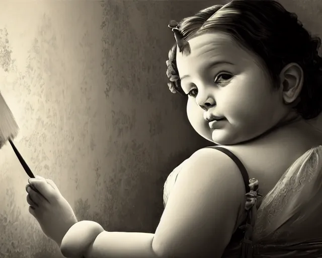 Image similar to very stylized old photo portrait of a fat sweet little girl painting a house on the wall, full body. long shot. beautiful hands, flowery cloth. subsurface scattering shiny skin. beautiful lighting, 4 k post - processing, trending in art station, cg society, highly detailed, 5 k extremely detailed, 3 d. cinematic scene. sharp details. bokeh