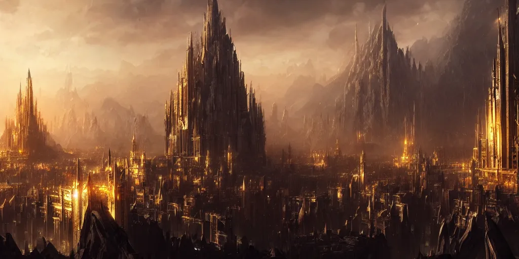 Image similar to majestic epic elven city made of gold, high towers. In style of Yoji Shinkawa and Hyung-tae Kim, trending on ArtStation, Greg Rutkowski, dark fantasy, great composition, concept art, highly detailed, scenery, 8K.