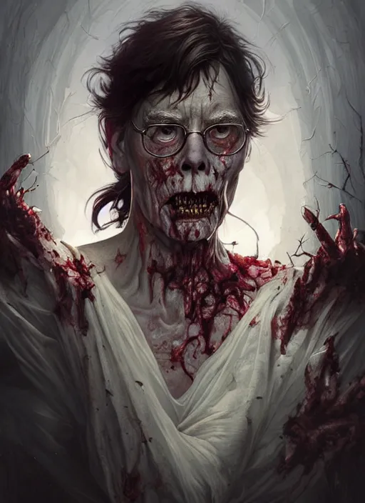 Prompt: stephen king as a zombie, deep focus, d & d, fantasy, intricate, elegant, highly detailed, digital painting, artstation, concept art, matte, sharp focus, illustration, hearthstone, art by artgerm and greg rutkowski and alphonse mucha