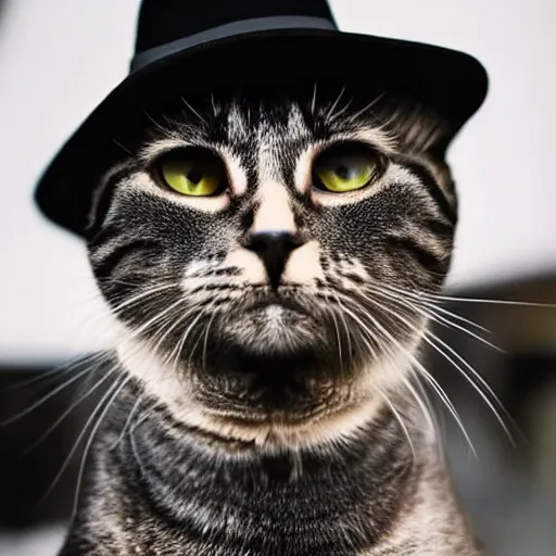 Prompt: a cat gentleman wearing a black leather hat, black suit, frontal view, cool looking