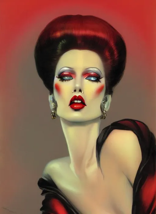 Image similar to an 8 0 s portrait of a woman with dark eye - shadow and red lips with dark slicked back hair dreaming acid - fueled hallucinations by serge lutens, rolf armstrong, delphin enjolras, peter elson