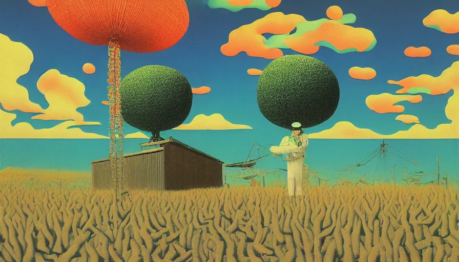 Image similar to Japan rural splendor travel and tourism c2050, surrealist psychedelic collage painting in the style of Magritte, Roger Dean, Yoshio Awazu, vivid color