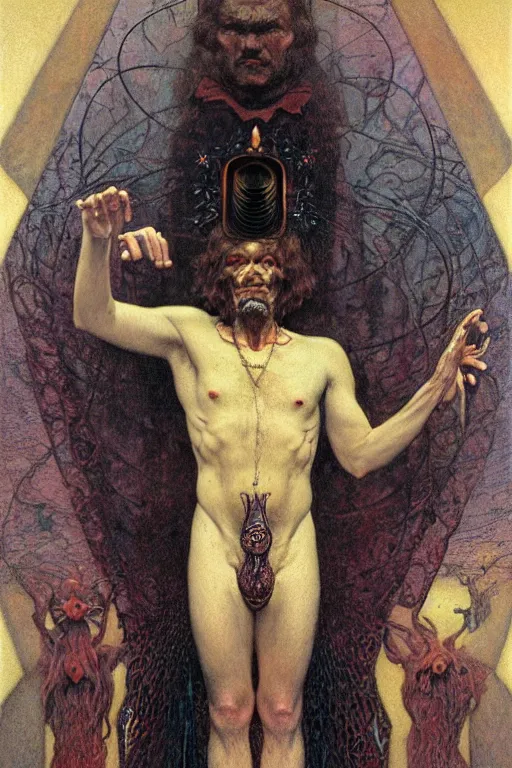 Image similar to occult art portrait of john whiteside parsons by wayne barlowe, gustav moreau, goward,  Gaston Bussiere and roberto ferri, santiago caruso, and austin osman spare