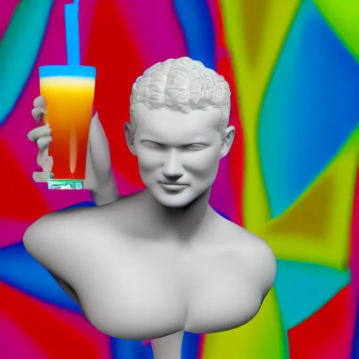 Image similar to a 3 d model of a white marble human head holding a colorful coctail, digital illustration, 3 d render, above the waist