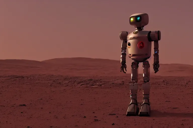 Image similar to a relaxed robot standing on mars looking at a mars base, blender render, 8 k, red lighting, misty, smog,