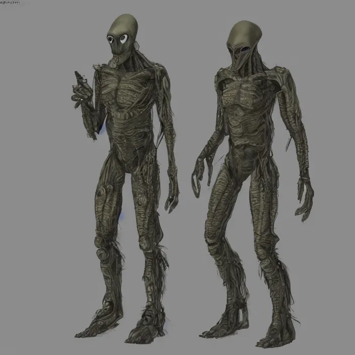 Image similar to lone alien suited being, 4 limbs and civilized behavior, military soldier behavior, photorealistic rendering, hyperdetailed