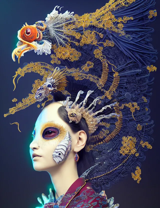 Image similar to 3 d goddess close - up profile portrait with crown, ram skull. beautiful intricately detailed punk japanese crow kitsune mask and clasical japanese kimono. betta fish, jellyfish phoenix, bio - luminescent, plasma, ice, water, wind, creature, artwork by tooth wu and wlop and beeple and greg rutkowski