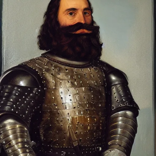 Prompt: Detailed oil painting of a man with a large moustache wearing medieval armour.