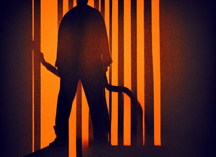 Prompt: Trump handcuffed, in prison, striped outfit, fire, Mads Berg, Karolis Strautniekas,stippled light, dramatic lighting,fine texutre, editorial illustration,matte print, film noir, dark blue+dark orange+orange+beige+black+white,dynamic composition,moody