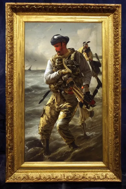 Prompt: Old master painting of navy SEALs