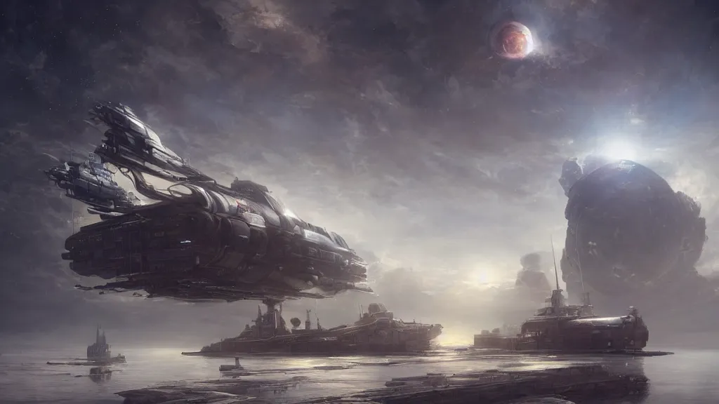 Prompt: worn spaceship docked at the glorious empire's largest orbital station. andreas achenbach, artgerm, mikko lagerstedt, zack snyder