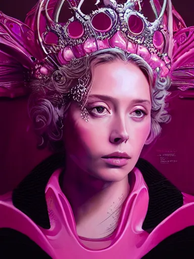 Image similar to pink portrait of young beautiful female angel queen Elizabeth Olsen head wearing shiny pink crown, subtle purple accents, hyper details, black metal rococo, sculpted by Alex Alice, Craig Mullins, yoji shinkawa, trending on artstation, beautifully lit, Peter mohrbacher, hyper detailed, insane details, intricate, elite, elegant, luxury, ray of light through smoke, CGsociety, hypermaximalist, golden ratio, background urban cityscape, night, neofuture, volumetric, octane render, weta digital, micro details, 3d sculpture