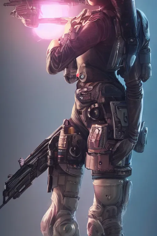 Image similar to beautiful portrait of a cyborg mercenary girl holding a rifle, art by wlop and artgerm, cyberpunk, neon, elegant, highly detailed, trending on artstation, sharp focus, caustics, octane render, radiant light, 4 k