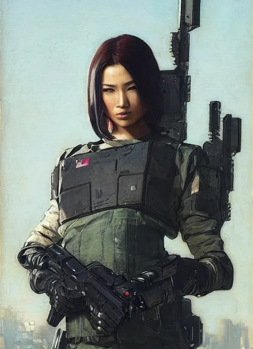 Prompt: Nikki tanaka. beautiful cyberpunk female USN marine wearing a military vest and combat gear. (Cyberpunk 2077, bladerunner 2049, apex legends, hl2). gorgeous face. Iranian orientalist portrait by john william waterhouse and Edwin Longsden Long and Theodore Ralli and Nasreddine Dinet, oil on canvas. Cinematic, hyper realism, realistic proportions, dramatic lighting, high detail 4k