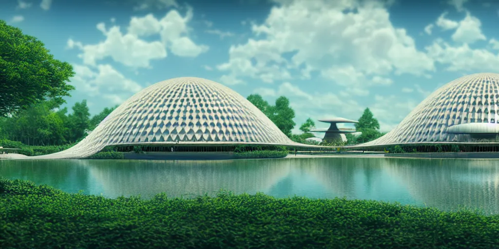 Image similar to expo 6 7 pavillion, solarpunk, studio ghibli, jean - baptiste monge, octane render, 4 k, symmetry