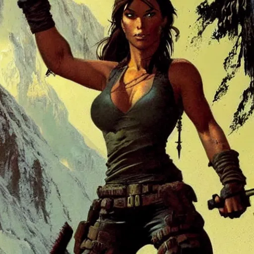 Image similar to lara croft by frank frazetta