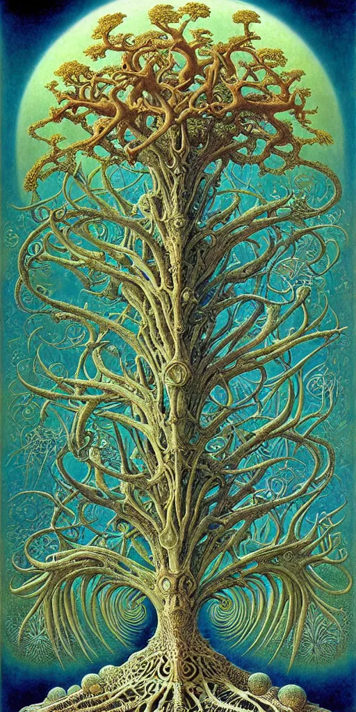 Image similar to tree of life by roger dean and andrew ferez, art forms of nature by ernst haeckel, divine chaos engine, symbolist, visionary, art nouveau, botanical fractal structures, organic, detailed, realistic, surreality