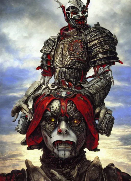 Image similar to portrait of a diabolical cyborg clown samurai, torn cape, adaptive armor, dynamic pose, heavy eyes to the side, ancient ruins, glowing veins subsurface scattering, in clouds, sunset, portrait, by gerald brom, by mikhail vrubel, by peter elson, muted colors, extreme detail, reflections, trending on artstation, 8 k