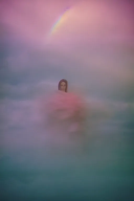 Image similar to high quality pastel coloured film close up wide angle photograph of a model wearing clothing resting on cloud furniture in a icelandic black rock environment in a partially haze filled dreamstate world. three point light, rainbow. photographic production. art directed. pastel colours. volumetric clouds. pastel gradient overlay. waves glitch artefacts. extreme facial clarity. 8 k. filmic.