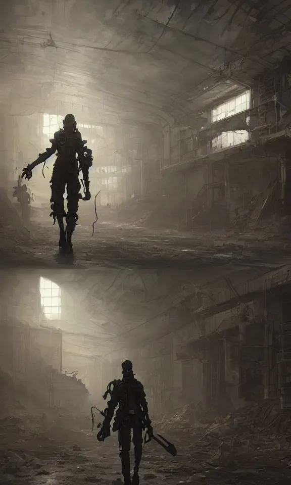 Prompt: Futuristic matte painting of a cyberpunk soldier walking through an abandoned foundry, volumetric light scattering, highly detailed, digital art, Andreas Rocha, Greg Rutkowski, Darek Zabrocki, ArtStation, CGSociety, Unreal Engine, 4K, 8K