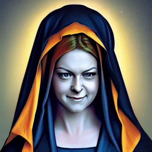 Image similar to melissa joan hart as virgin mary, digital illustration, by artgerm and greg rutkowski,