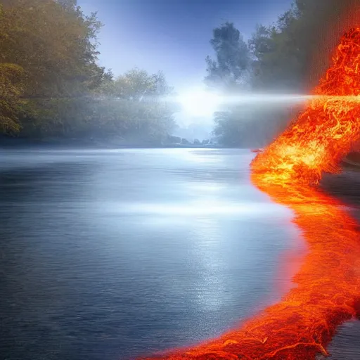 Image similar to a river runs here, a fiery river, from east to west, from west to north. over that river the fiery river drives the light. cinvat bridge of separation. light transports souls. award - winning, very trending, esoteric art, 2 k, 4 k, ue 5