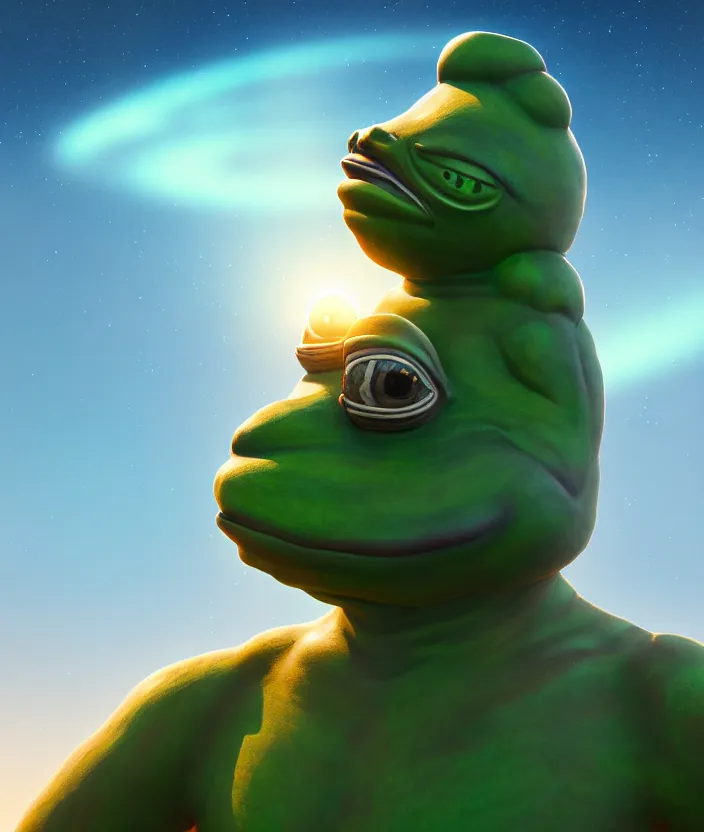Prompt: giant pepe anunnaki statue, full body, planets, sky, dream, highly detailed, digital painting, refreshing, trending on artstation, octane render, illustration by james jean