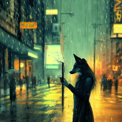 Image similar to beautiful portrait of a female anthro fox, smoking a cigarette in the rain, in crowded and wet street of a city, melancholic, cyberpunk, harsh neon lights, highly detailed, deep shadows, digital painting, shallow depth of field, illustration, art by sakimichan and greg rutkowski