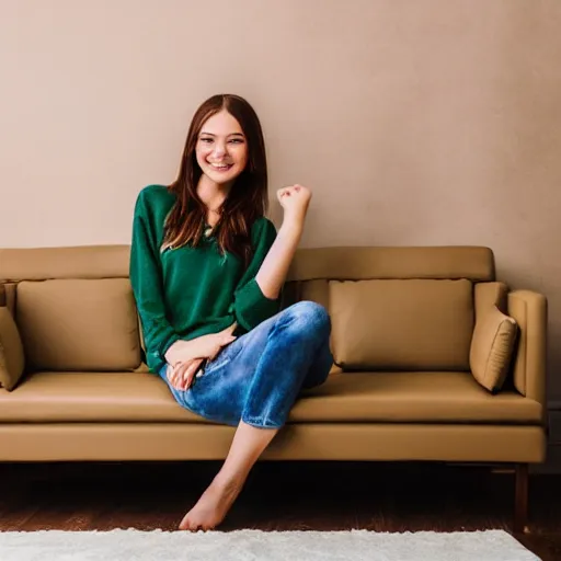 Image similar to a cute young woman smiling, long shiny bronze brown hair, full round face, emerald green eyes, medium skin tone, light cute freckles, smiling softly, wearing casual clothing, relaxing on a modern couch, interior lighting, cozy living room background, medium shot, mid-shot, soft focus