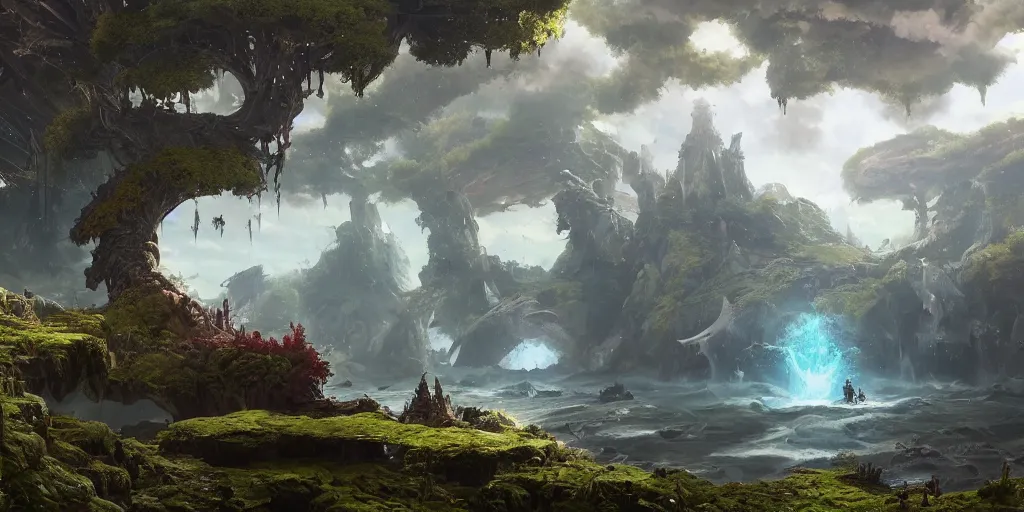 Image similar to Fantasy overgrown world overview, planet, giant whale floating, waterfalls, ancient tree, Greg Rutkowski, Frank Frazetta, Kim Jung Gi, trending on Artstation, 8K, ultra wide angle, pincushion lens effect, zenith view