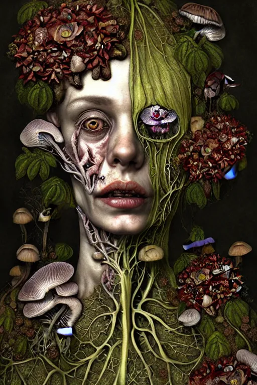 Image similar to sad and detailed rotten woman corpse with fractal plants and fractal flowers and mushrooms growing around, face muscles, veins, arteries, intricate, ornate, surreal, ray caesar, john constable, guy denning, dan hillier