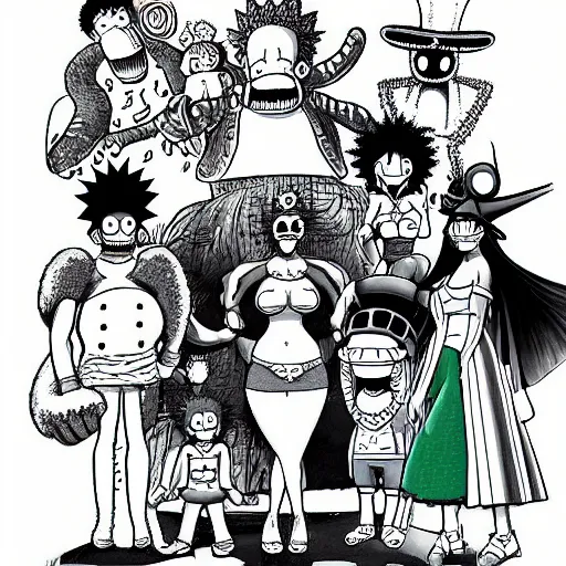 Image similar to marge simpson and her new family from one piece drawn by kentaro miura