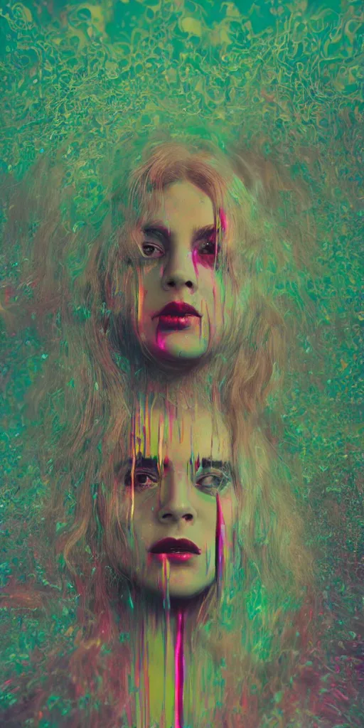 Image similar to impossibly beautiful female retro horror movie slasher, summer camp, complexity, horror, psychedelic glitch art, rainbow drip paint, trending on art station, photoreal, 8k, octane render