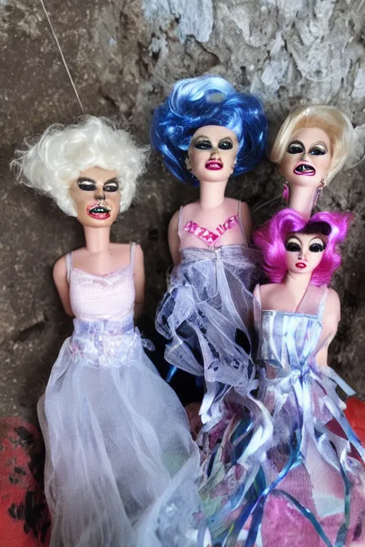 Image similar to drag queen ceramic dolls in creepy attic