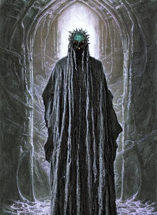 Image similar to Eldritch demon priest wearing ornate robe, chanting at the green pool. In style of Beksinski, concept art, highly detailed.