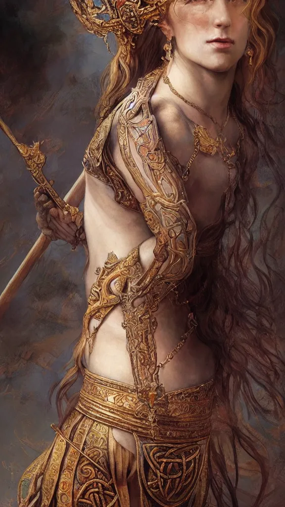 Prompt: breathtaking detailed soft painting full body of a female goddess with a crown and a spear on top of a mountain, celtic culture, rembrandt style, detailed art nouveau stained glass of flames, elegant, highly detailed, artstation, concept art, matte, sharp focus, art by Tom Bagshaw, Artgerm and Greg Rutkowski