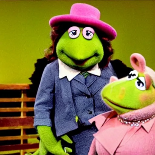 Image similar to miss piggy cheating on kermit the frog with bob dylan