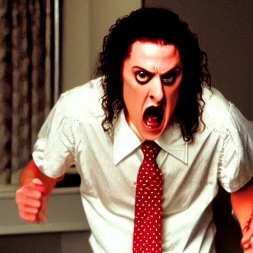 Image similar to Weird 'Al' Yankovic as The American Psycho, cinematic still