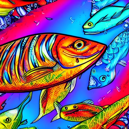 Prompt: psychedelic, photorealistic, colorful fish in a maximalist style on a background that fades to black