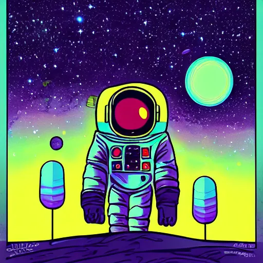 Prompt: glowing astronaut inspired by René Laloux, Dan Mumford, stars, cinematic