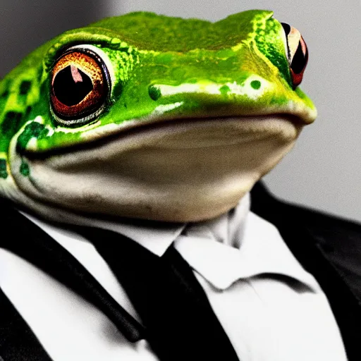 Image similar to a high detail closeup shot of a frog wearing a suit 👔,and smoking a cigarrette🚬