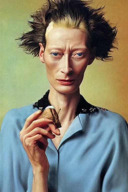 Prompt: a photorealistic portrait of tilda swinton as assumpta corpuscularia lapislazulina smocking a cuban cigar by salvador dali, oil painting, surrealism, masterpiece!!, hyperdetailed, centered, symmetric, funky