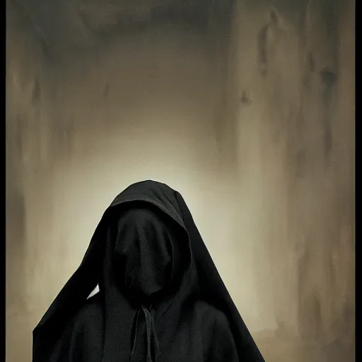 Image similar to a portrait of a young black woman wearing a long dark cloak, hood and shadows covering face, anatomically correct, beautiful perfect face, enigmatic, oil painting, matte painting, black background, Volumetric dynamic lighting, Highly Detailed, Cinematic Lighting, Unreal Engine, 8k, HD, by Beksinski