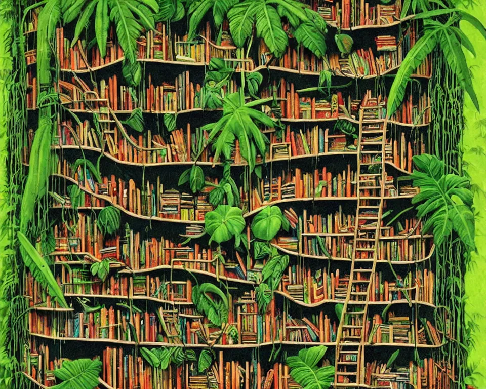 Prompt: a bookshelf in the rainforest by banksy. detailed, proportional, romantic, enchanting, achingly beautiful, graphic print, trending on artstation, jungle, tropical, foliage