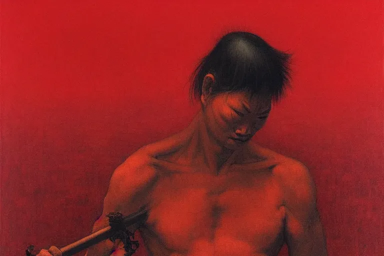 Image similar to only with red, a red samurai do seppuku, tokio, a lot of frogs watch, in the style of beksinski, parts by edward hopper, parts by rodcenko, parts by yue minjun, intricate and epic composition, red by caravaggio, insanely quality, highly detailed, masterpiece, red light, artstation, 4 k