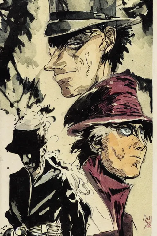 Image similar to sandman dream and corto maltese staring at each other, close up, portraits, comic book cover, art by hugo pratt