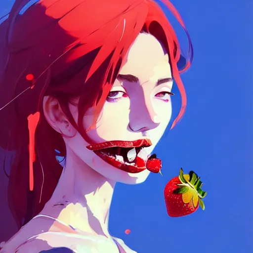 Image similar to a ultradetailed beautiful panting of a stylish woman with a strawberry in her mouth, by conrad roset, greg rutkowski and makoto shinkai, trending on artstation