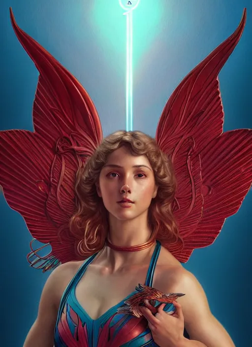 Image similar to nike godess of victory, wings, wax figure, glowing eyes, volumetric lights, red and cyan theme, art nouveau botanicals, intricate, highly detailed, digital painting, artstation, concept art, smooth, sharp focus, cinematic, illustration, beautiful face, art by artgerm and greg rutkowski and alphonse mucha